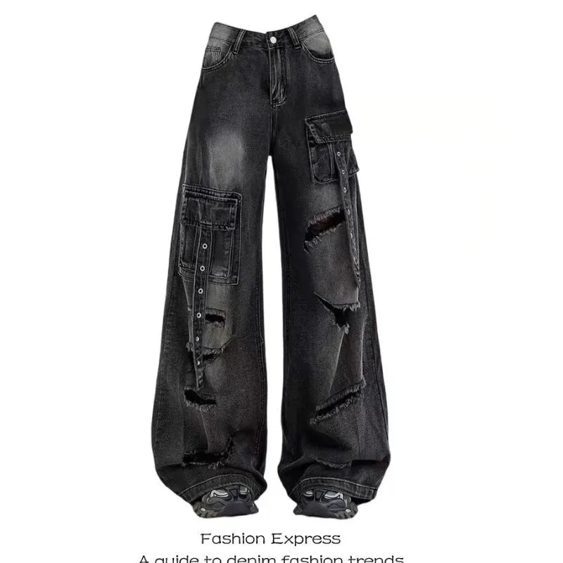 Gothic Y2k 2000s Pockets Safari Ripped Baggy Jeans Women Black Girl Denim Trousers Punk Pants Vintage Woman Clothing Clothes