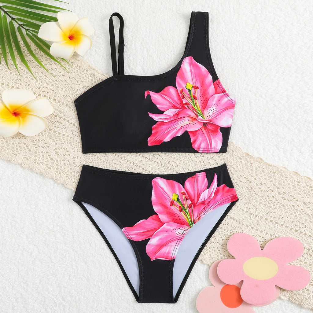 2 Piece Kids High Waist Bikini Sets One Shoulder Floral Printed Padded Swimsuit For Girls Summer Beachwear Swimming Bathing Suit