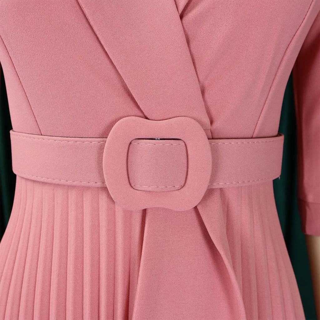 Elegant Office Ladies Dresses 2024 Autumn Fall Notched Collar Half Sleeve Belt Waisted Mid Calf Female Birthday Party Dress Midi