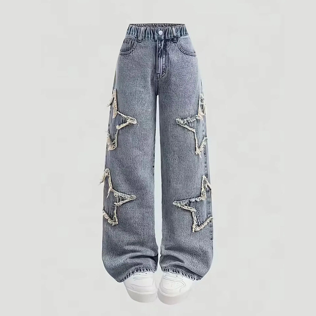 Girls Jeans Autumn Spring Loose Casual Straight Pants Kids Fashion Versatile Wide Leg Trousers Star Patchwork Denim Pants 5-15Y