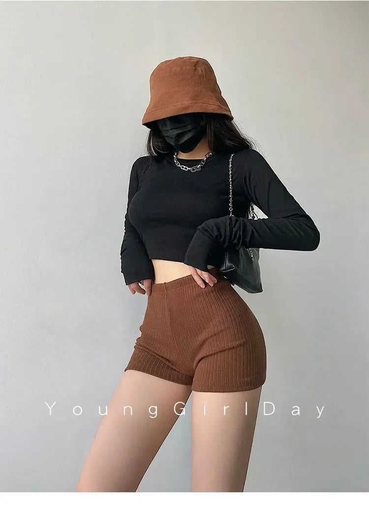 American Style Shorts Women High Waist Sheath Stretch Solid Knitting Hot Trousers Sexy Spice Girls Summer Simple Sporty Casual