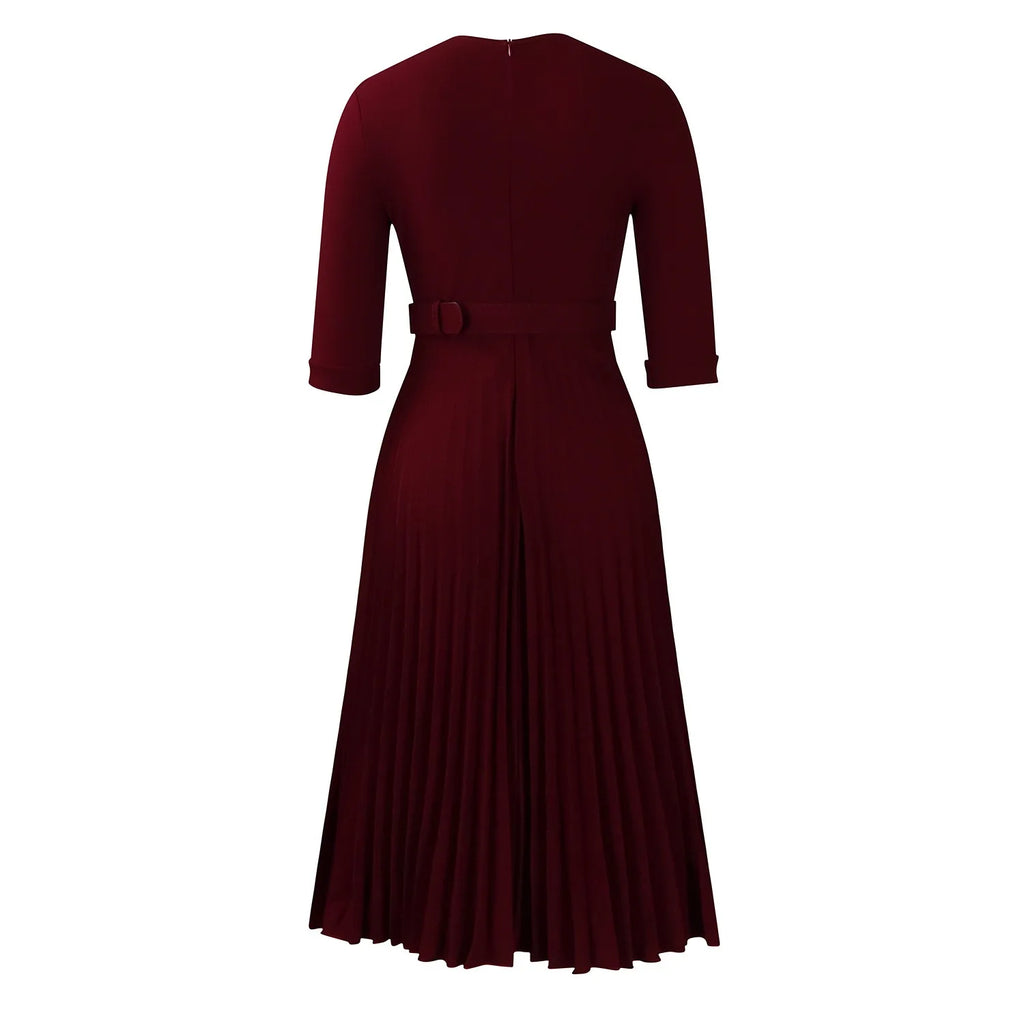 Elegant Office Ladies Dresses 2024 Autumn Fall Notched Collar Half Sleeve Belt Waisted Mid Calf Female Birthday Party Dress Midi