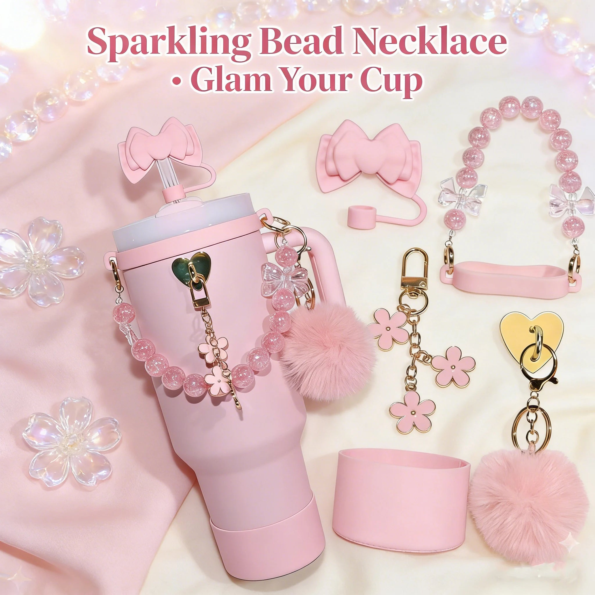 7pcs Cute Cup Accessories Set for Stanley 40oz/30oz Tumbler Pink Bow Straw Cap Topper, Pom-Pom,Kawaii Drinkware Gift for Women