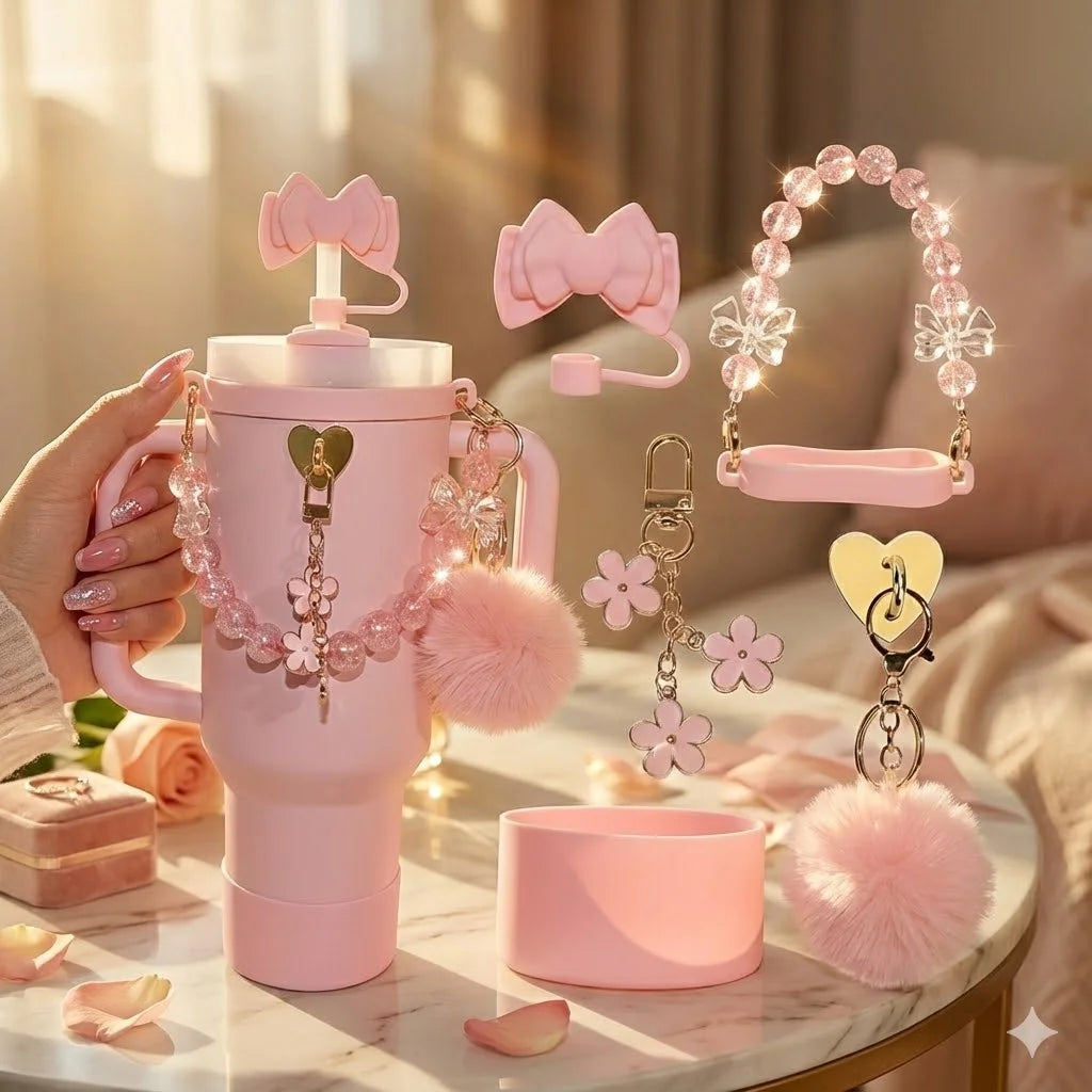 7pcs Cute Cup Accessories Set for Stanley 40oz/30oz Tumbler Pink Bow Straw Cap Topper, Pom-Pom,Kawaii Drinkware Gift for Women