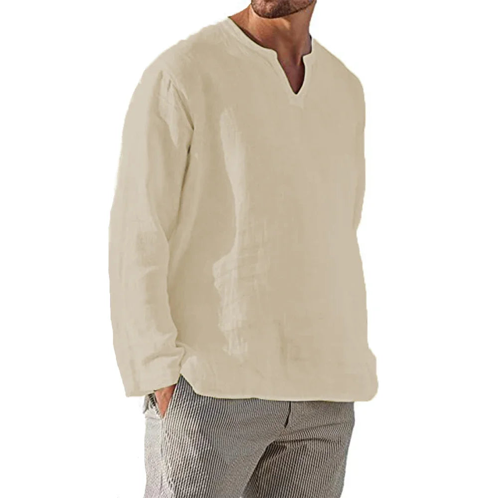 Men's Cotton Linen Shirt Cozy Solid Color Long Sleeve Breathable Tops V Neck Casual Blouse Hawaiian Shirt Lightweight Shirts
