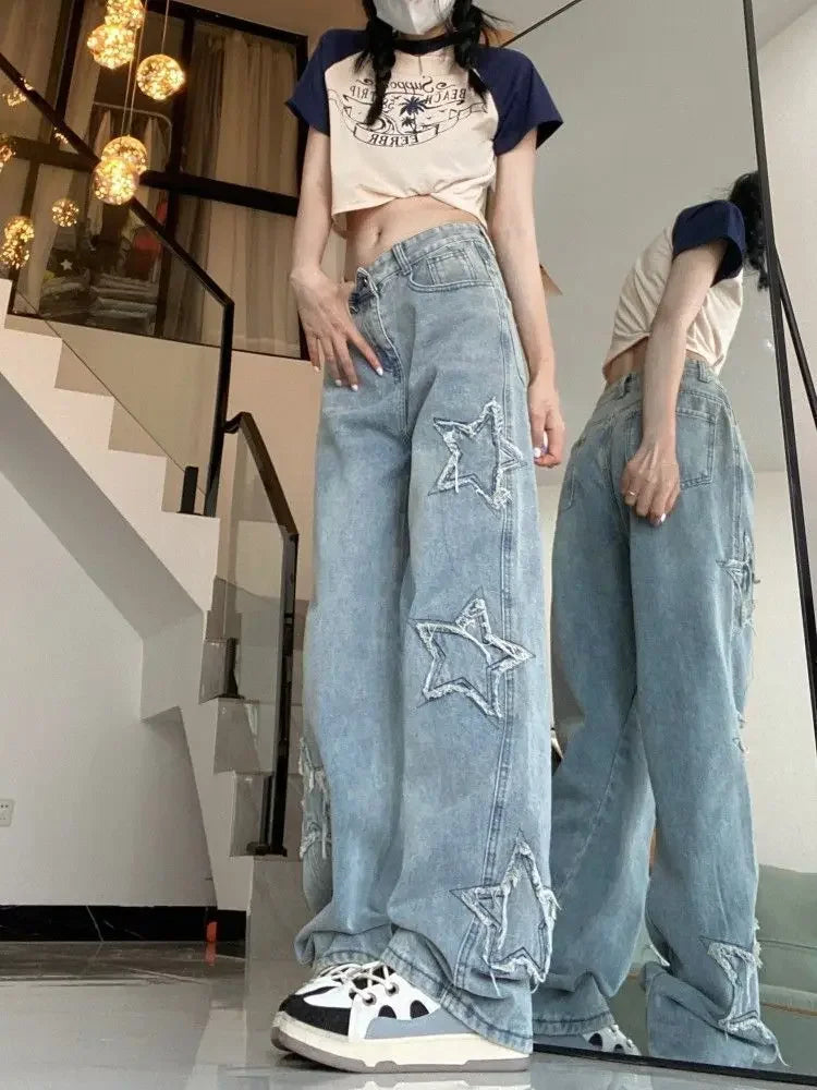 High Waist Wide Leg Straight Cut Jeans Women's Spring Summer New Style Embroidered Five-Pointed Star Patch Trendy Long Pants