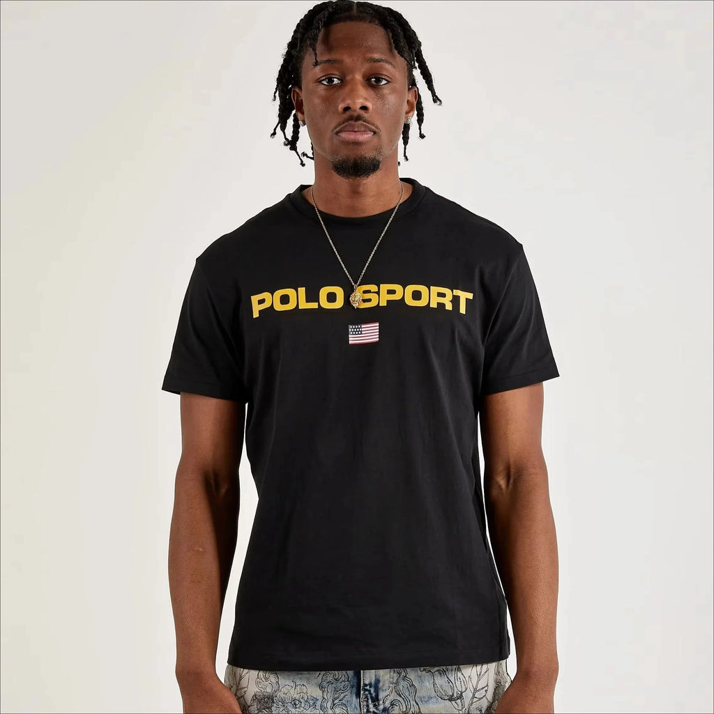 POLO SPORT American Letter Flag Short Sleeved Men's Classic Casual Black Printed Quick Drying Round Neck T-shirt