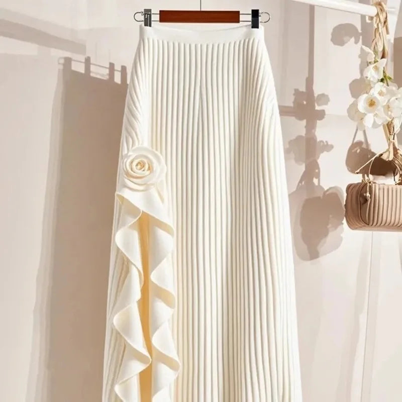 Spring Autumn Winter Women White Black Flower Skirts Elastic High Waist A-line Pleated Skirt Midi Skirt Female Elegant Skirts