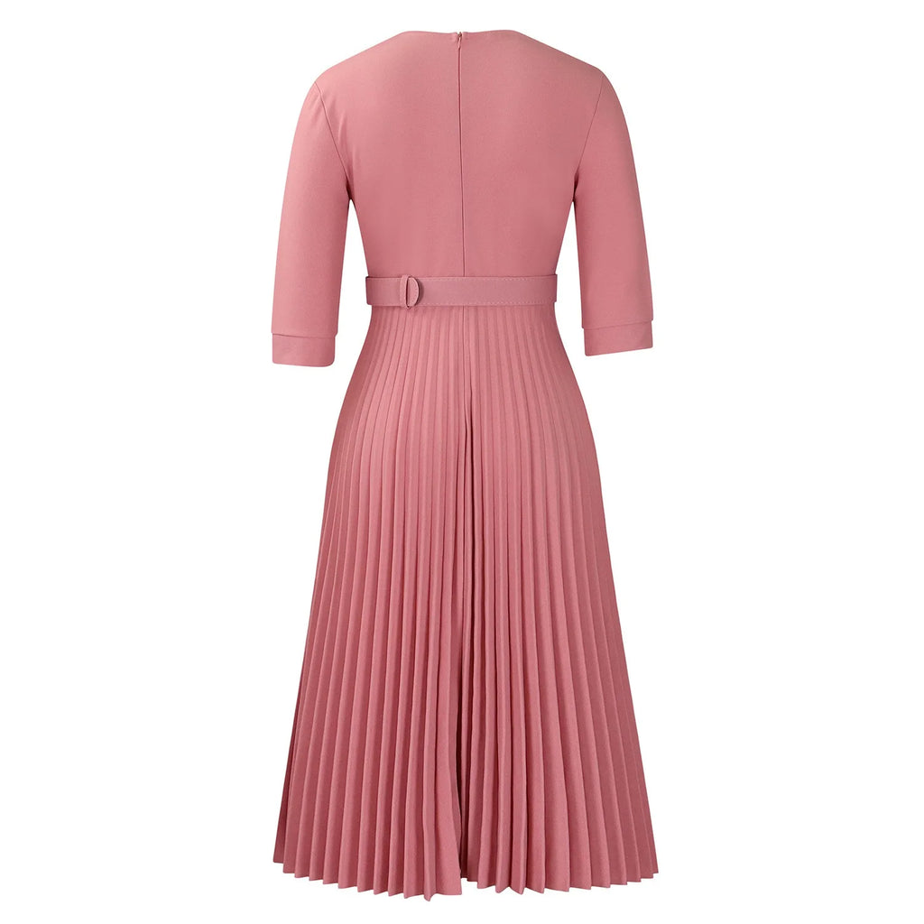 Elegant Office Ladies Dresses 2024 Autumn Fall Notched Collar Half Sleeve Belt Waisted Mid Calf Female Birthday Party Dress Midi