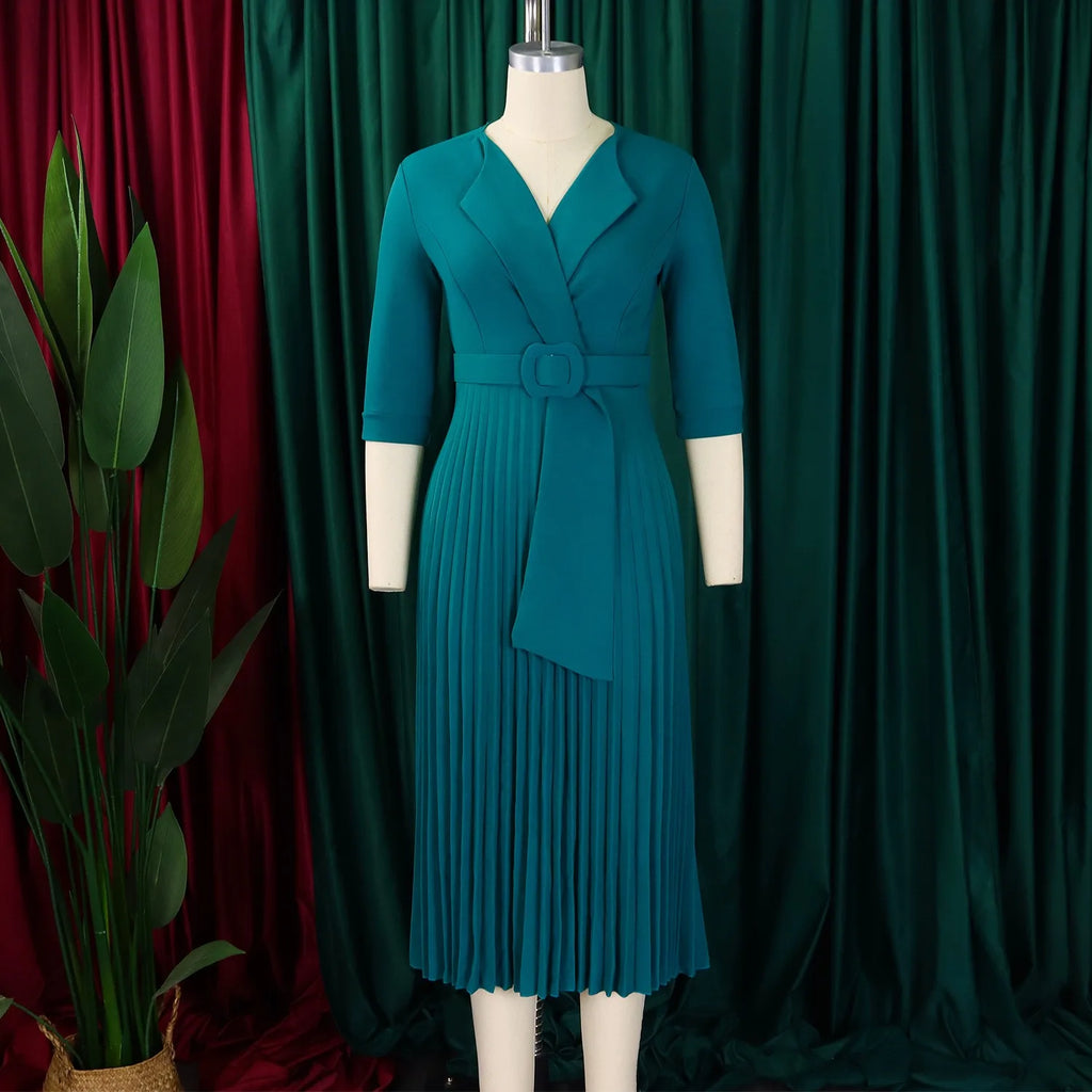 Elegant Office Ladies Dresses 2024 Autumn Fall Notched Collar Half Sleeve Belt Waisted Mid Calf Female Birthday Party Dress Midi