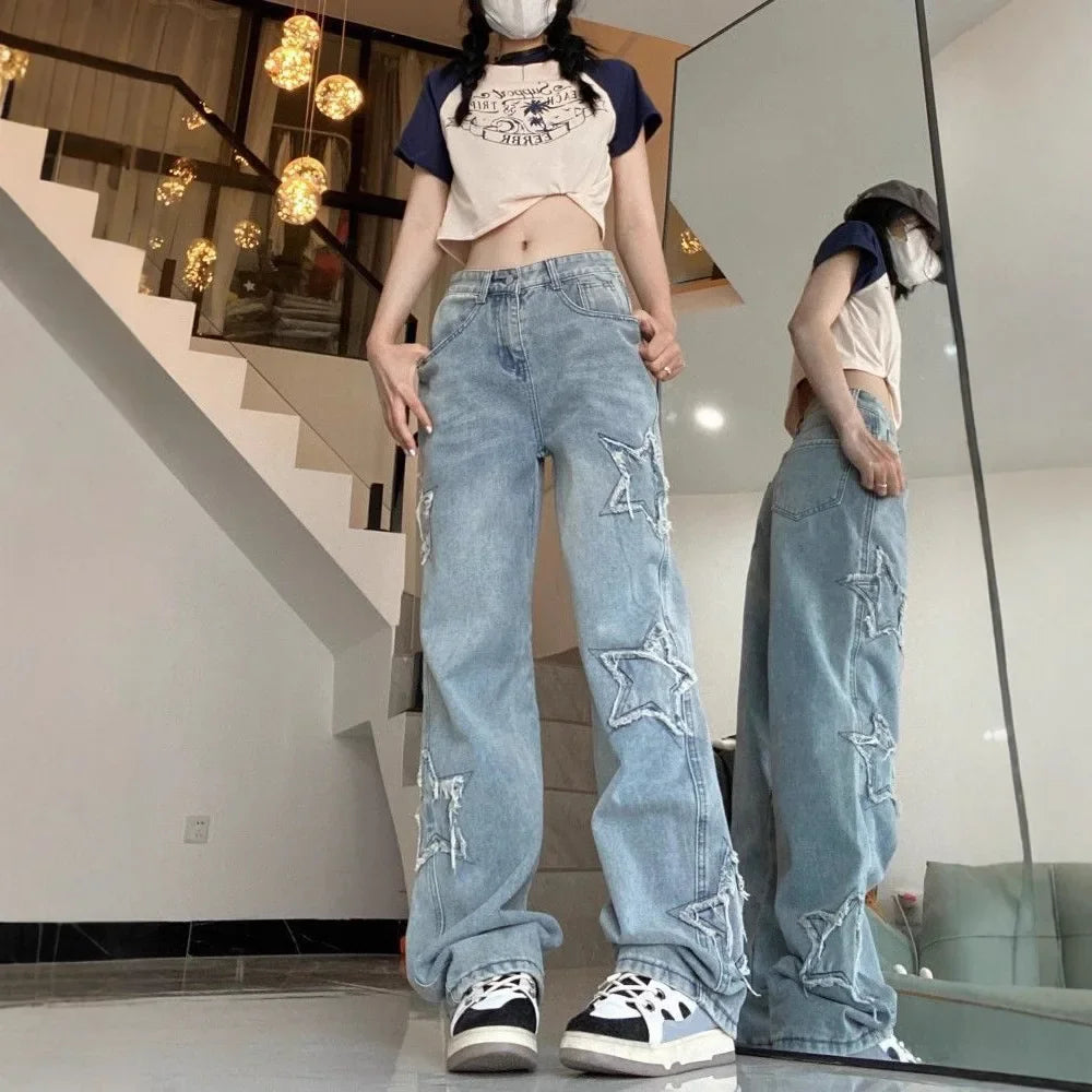 High Waist Wide Leg Straight Cut Jeans Women's Spring Summer New Style Embroidered Five-Pointed Star Patch Trendy Long Pants