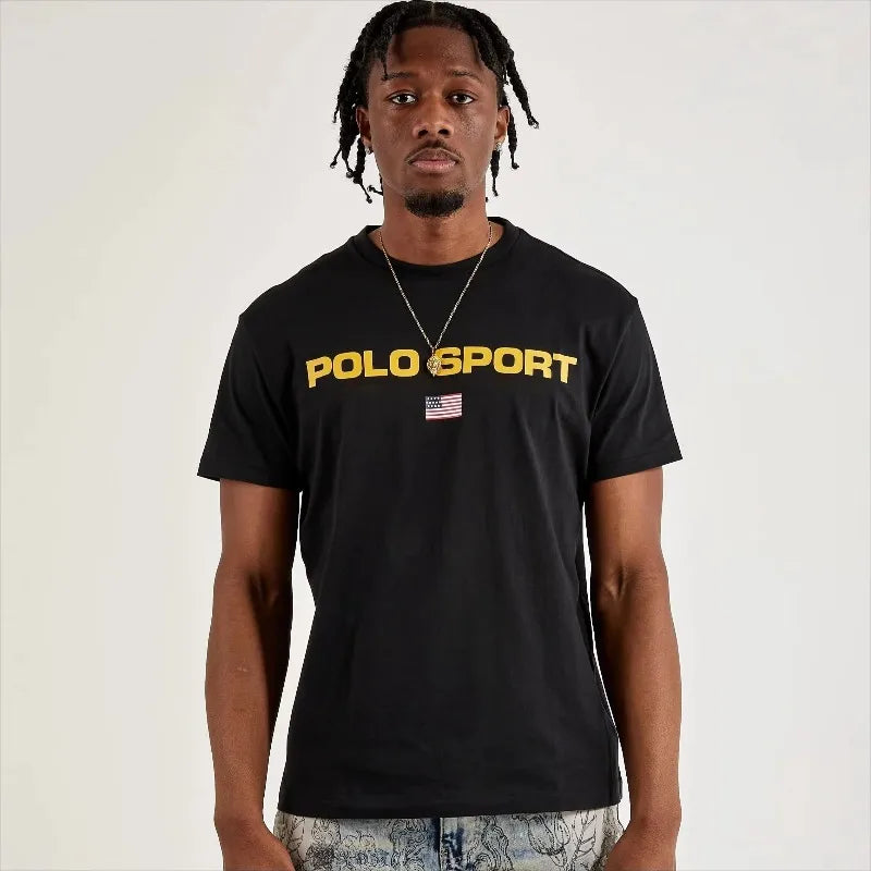 POLO SPORT American Letter Flag Short Sleeved Men's Classic Casual Black Printed Quick Drying Round Neck T-shirt