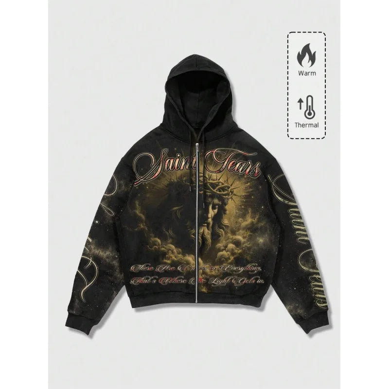 Star Eye Print Hoodie Men's Fleece Lined Sweatshirt Urban Style Comfortable Fit Winter Collection No Brand Registered Trademark