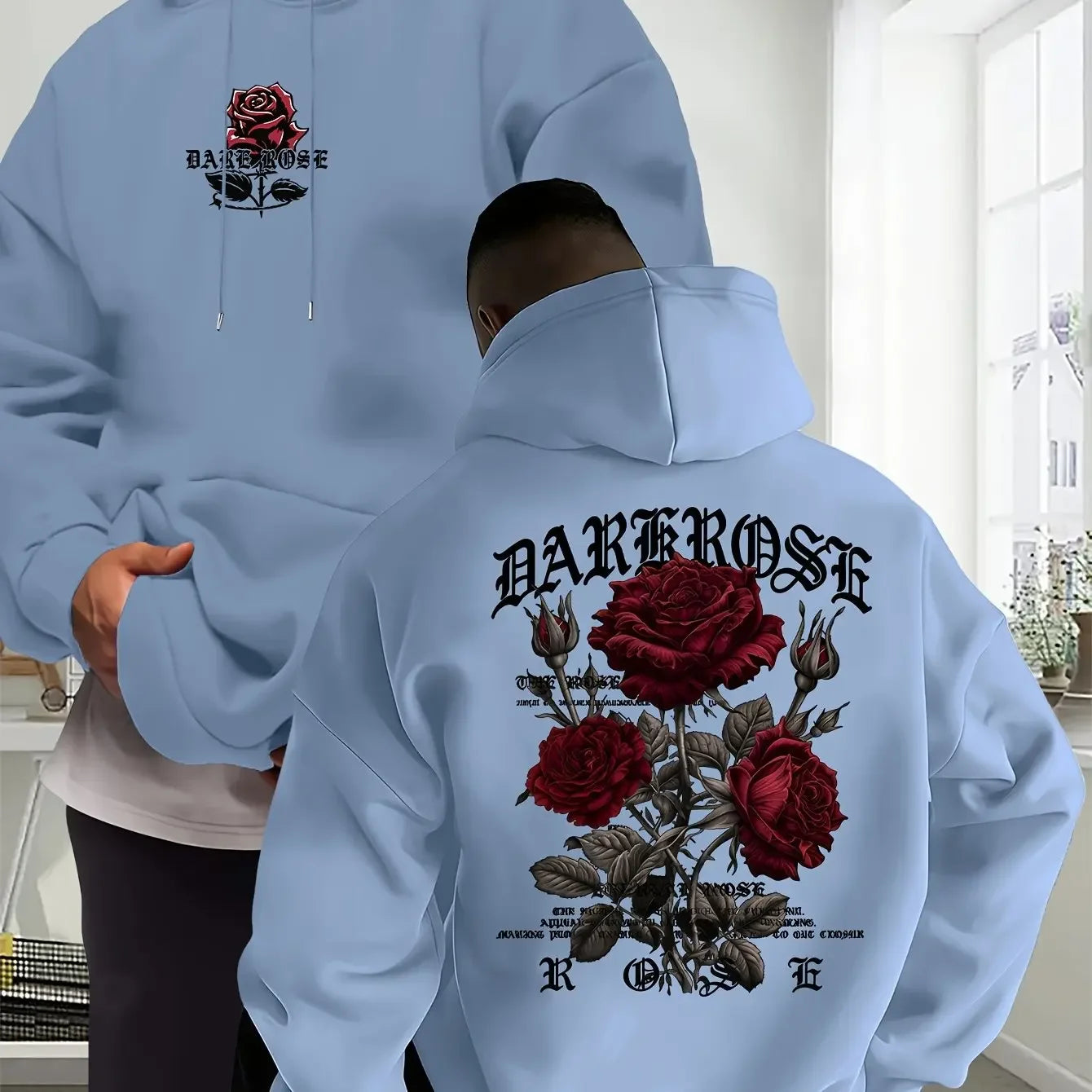 Men's Oversized Hoodie Rose Graphic Print Sweatshirt Gothic Streetwear Vintage Pullover Hooded Top Casual Autumn Winter