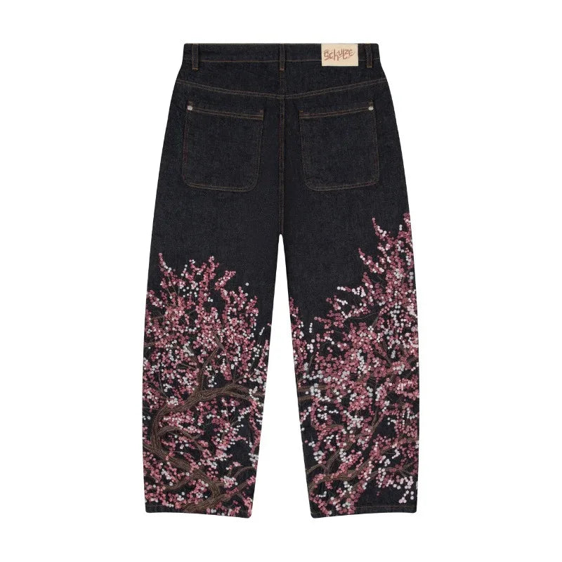Y2K Two Piece Harajuku Vintage Cherry Blossom Selvedge Embroidery oversized Hoodie Goth men women wide leg pants streetwear Set