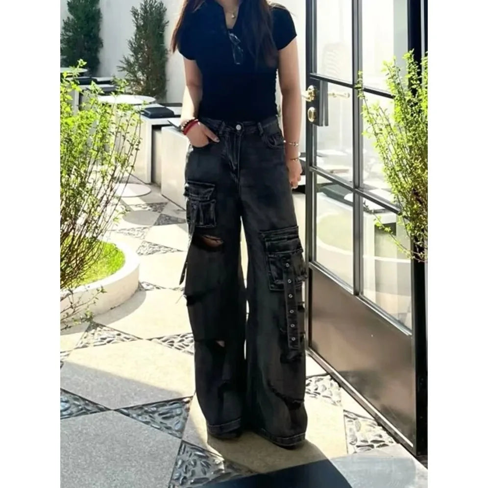 Gothic Y2k 2000s Pockets Safari Ripped Baggy Jeans Women Black Girl Denim Trousers Punk Pants Vintage Woman Clothing Clothes