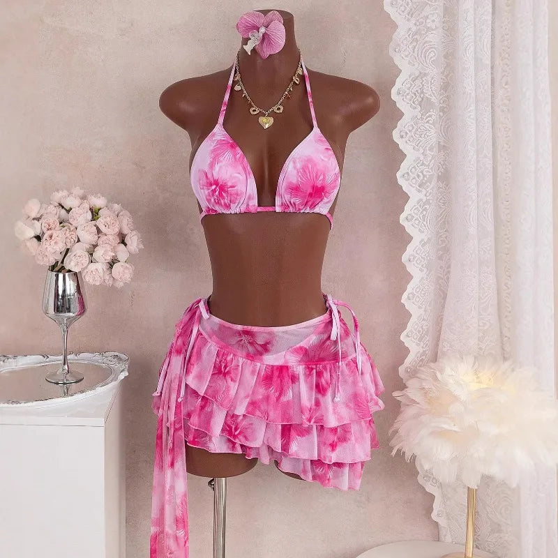 2026 New Women's Print Bikini Set Sexy Bandage Micro Bikini Layered Ruffle Skirt Three Piece Sets Beachwear Vacation Pool Party