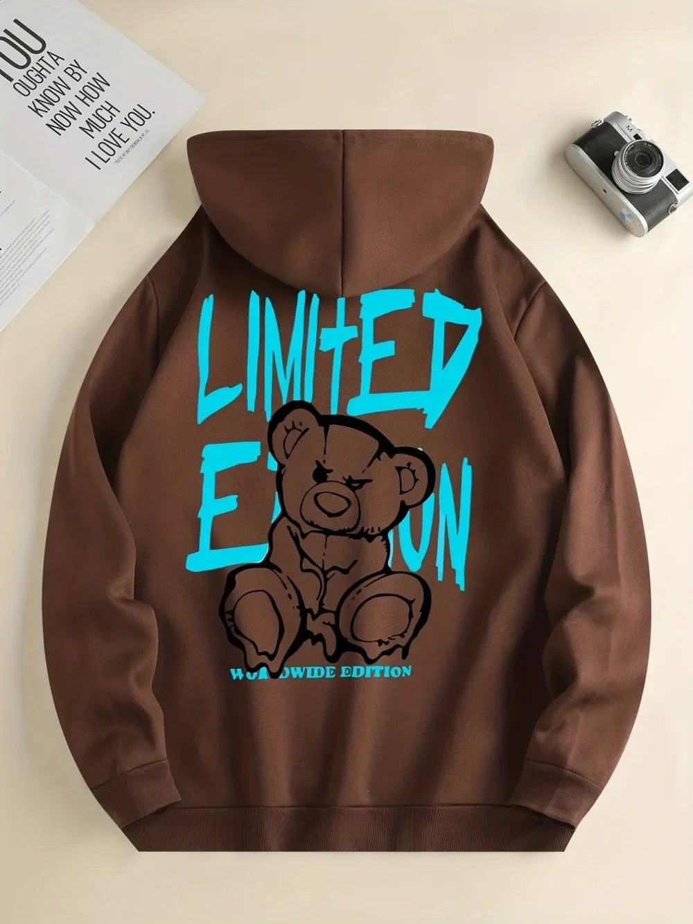 Men's Street Fashion Fall/winter Cartoon Lettered Bear Print Hooded Fleece Pullover Versatile All Occasions Sporty Casual Loose