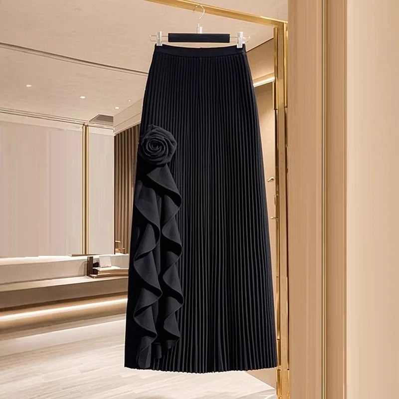 Spring Autumn Winter Women White Black Flower Skirts Elastic High Waist A-line Pleated Skirt Midi Skirt Female Elegant Skirts