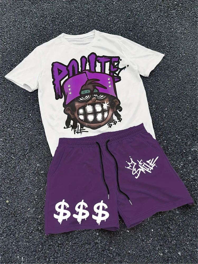 2026 New Spring American Hip-hop Style Men's Round-neck Top And Casual Shorts, Street Fashion Trend Men's Short-sleeved 2pcs Set