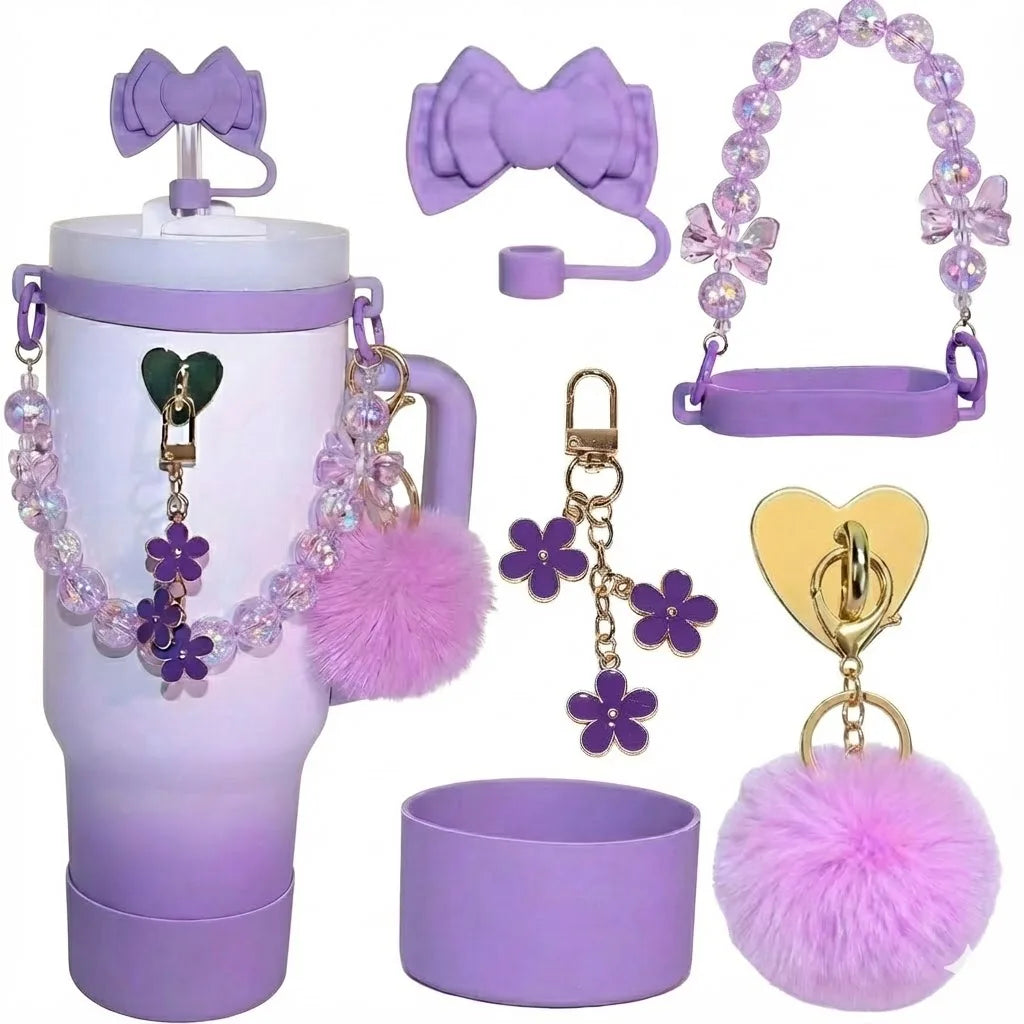 7pcs Cute Cup Accessories Set for Stanley 40oz/30oz Tumbler Pink Bow Straw Cap Topper, Pom-Pom,Kawaii Drinkware Gift for Women