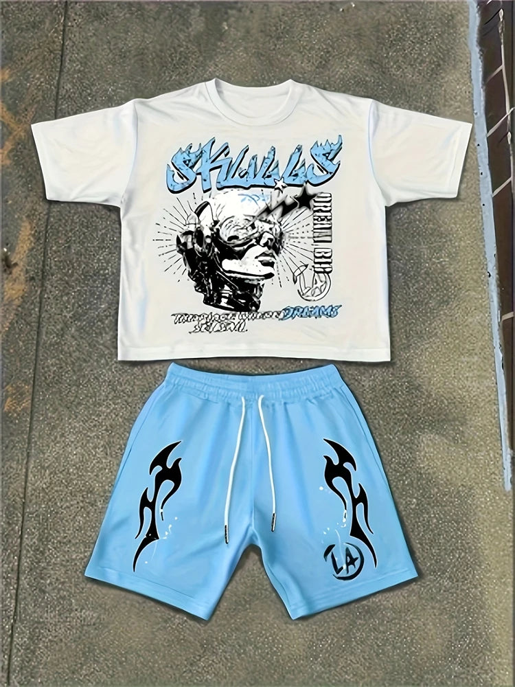 2026 New Spring American Hip-hop Style Men's Round-neck Top And Casual Shorts, Street Fashion Trend Men's Short-sleeved 2pcs Set