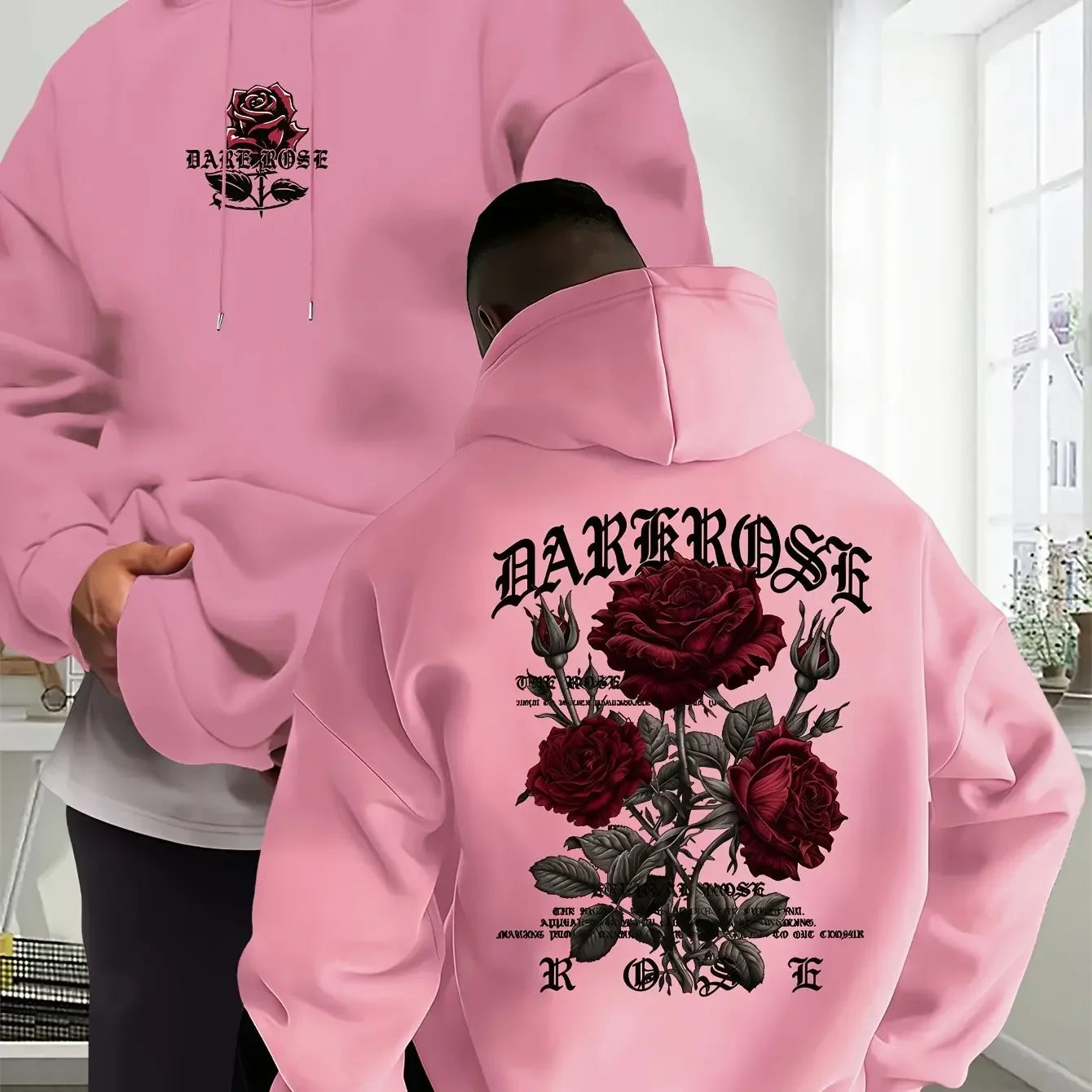 Men's Oversized Hoodie Rose Graphic Print Sweatshirt Gothic Streetwear Vintage Pullover Hooded Top Casual Autumn Winter