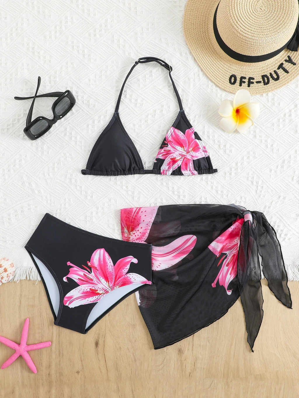 2026 New Trendy Girls' Swimwear Chindren Girls Bikini Swimsuit Set with Flower Print Three-Piece Outfit Bathing Suit 7 To 16Y