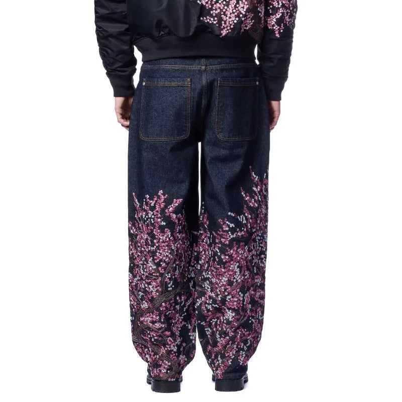 Y2K Two Piece Harajuku Vintage Cherry Blossom Selvedge Embroidery oversized Hoodie Goth men women wide leg pants streetwear Set