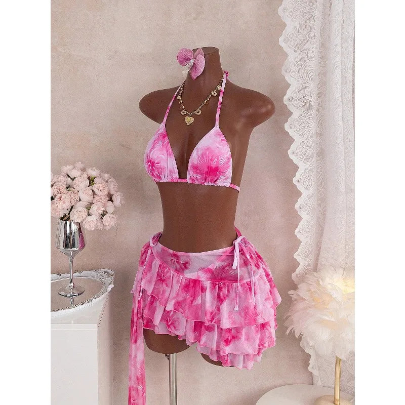 2026 New Women's Print Bikini Set Sexy Bandage Micro Bikini Layered Ruffle Skirt Three Piece Sets Beachwear Vacation Pool Party