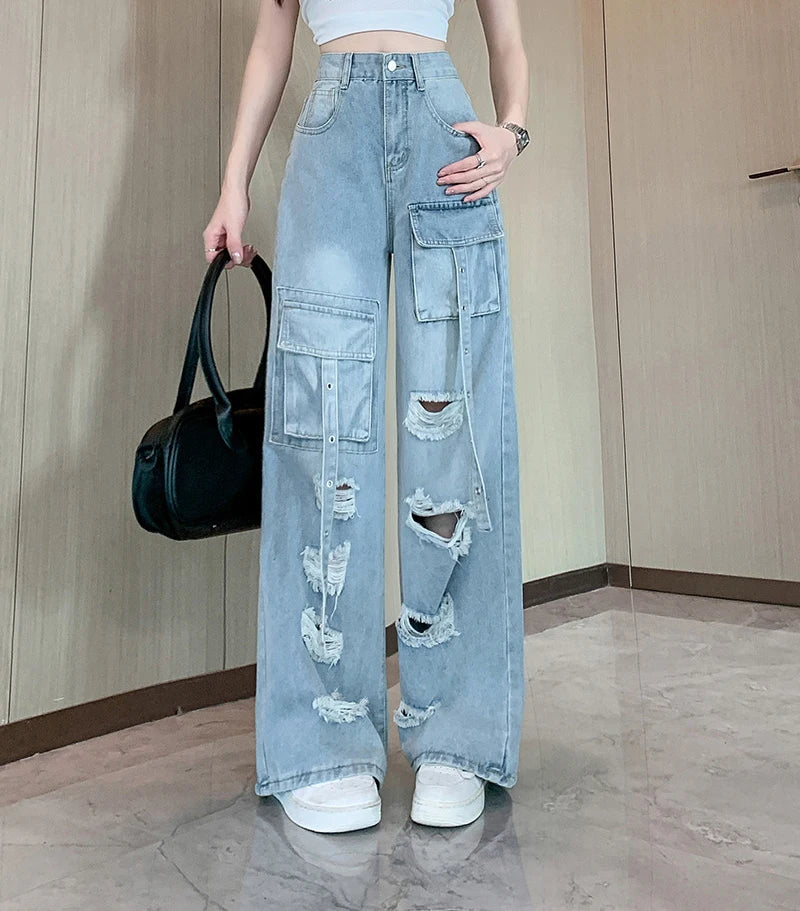 Y2K Hole Cargo Jeans Women Retro Streetwear Loose Straight Denim Pants Multiple Pockets High Waist Casual Commuting New Trousers