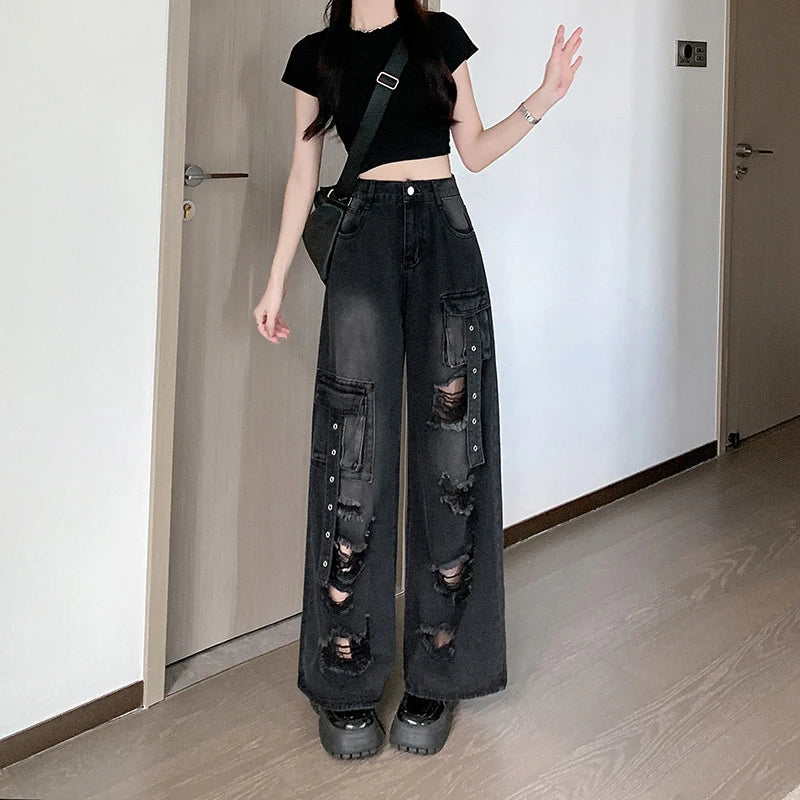 Y2K Hole Cargo Jeans Women Retro Streetwear Loose Straight Denim Pants Multiple Pockets High Waist Casual Commuting New Trousers