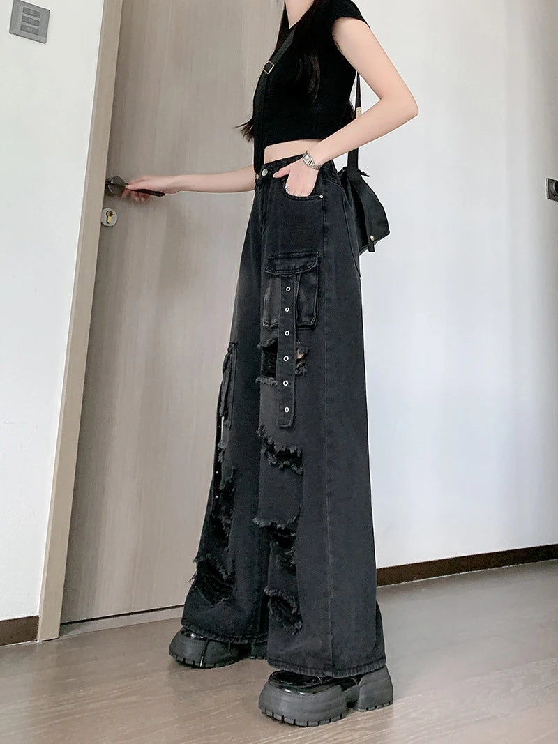 Y2K Hole Cargo Jeans Women Retro Streetwear Loose Straight Denim Pants Multiple Pockets High Waist Casual Commuting New Trousers