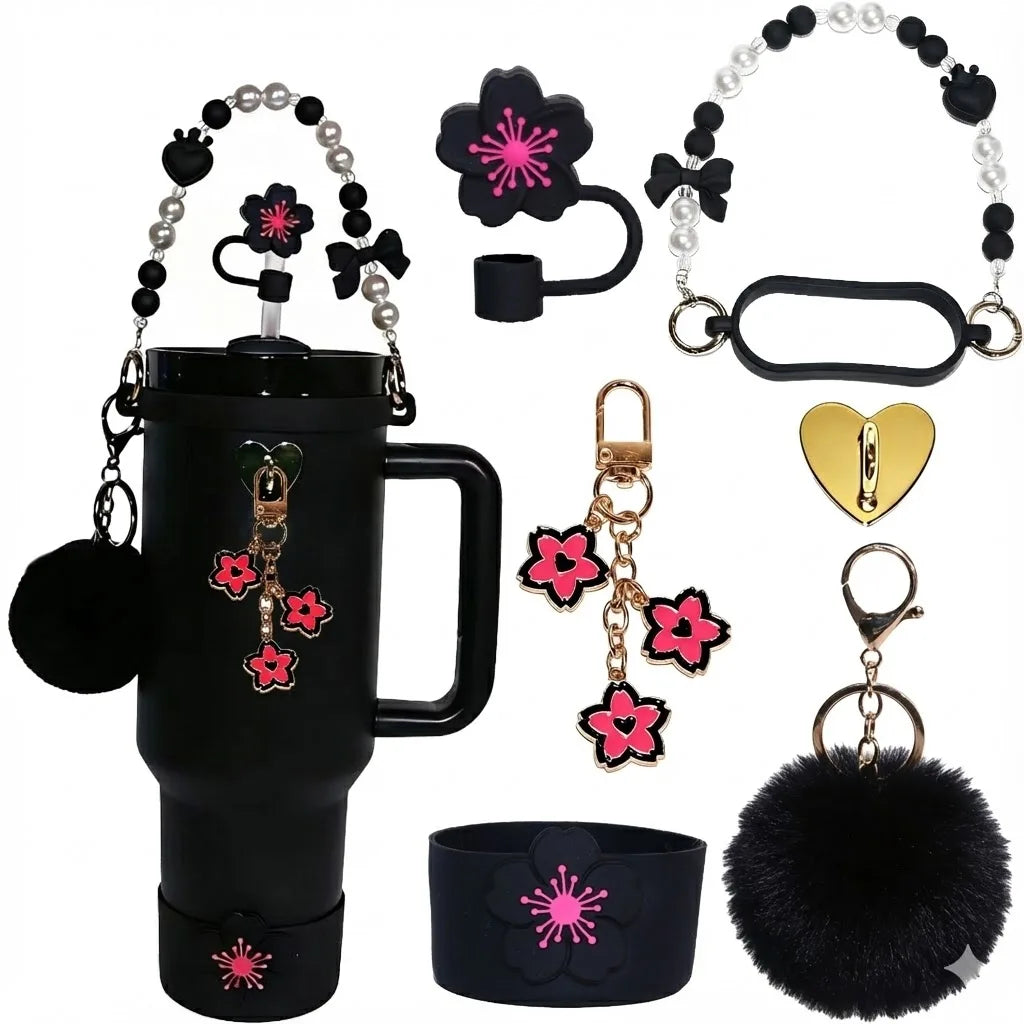 7pcs Sakura Pink Accessories Set for Stanley 30oz 40oz Tumbler Coquette Aesthetic Charm Handle Chain Spring Gift for Women Girls