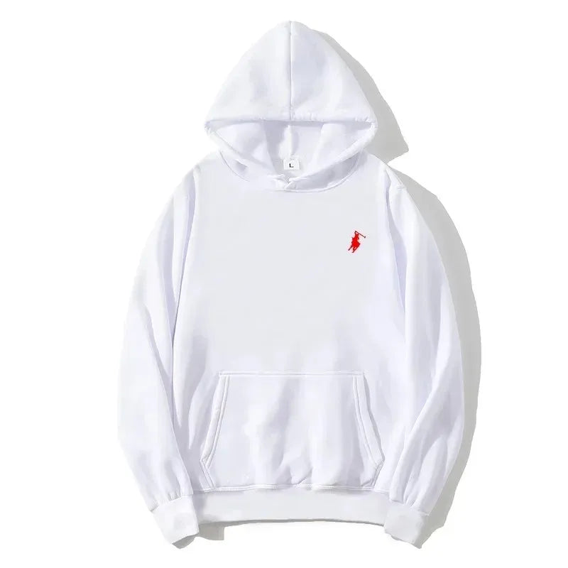 2026 polo print hooded sweatshirt for autumn and winter, suitable both men women, loose white couple's casual