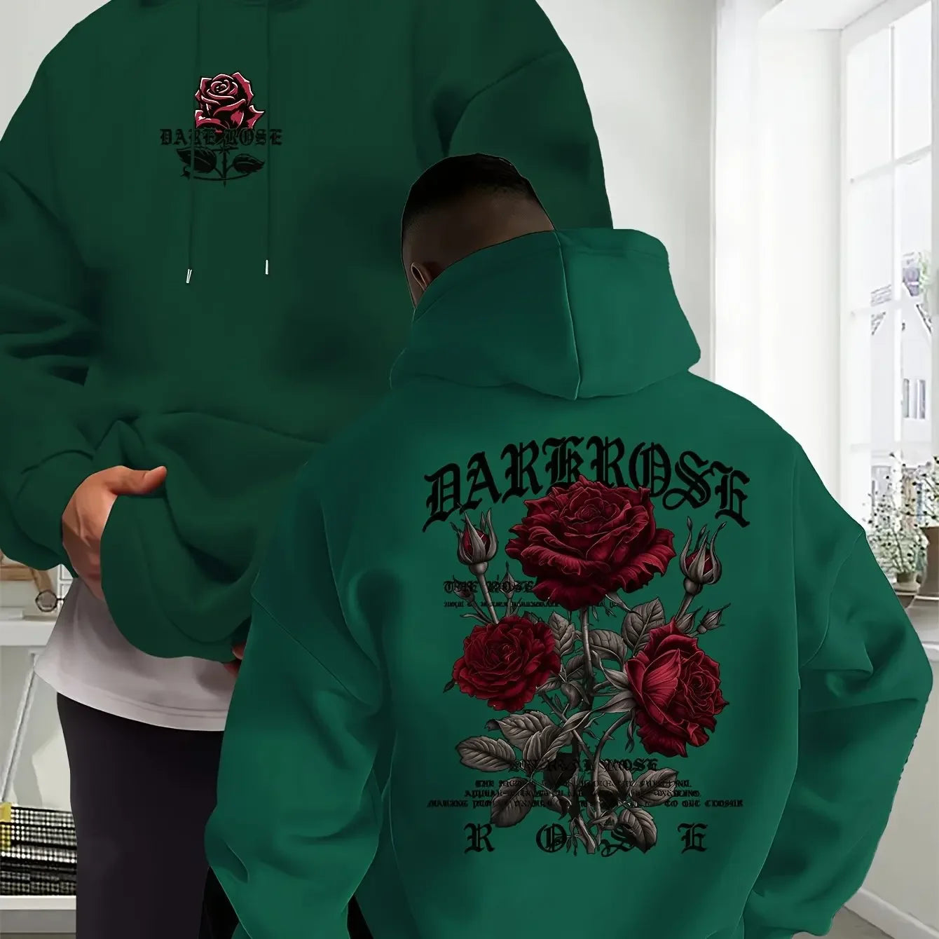 Men's Oversized Hoodie Rose Graphic Print Sweatshirt Gothic Streetwear Vintage Pullover Hooded Top Casual Autumn Winter