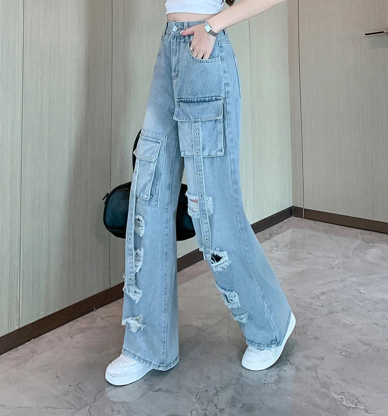 Y2K Hole Cargo Jeans Women Retro Streetwear Loose Straight Denim Pants Multiple Pockets High Waist Casual Commuting New Trousers