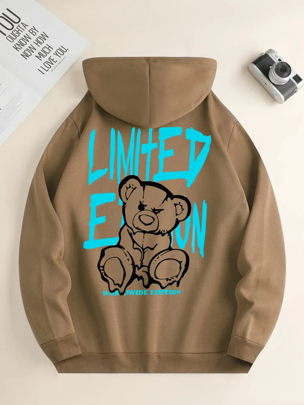 Men's Street Fashion Fall/winter Cartoon Lettered Bear Print Hooded Fleece Pullover Versatile All Occasions Sporty Casual Loose