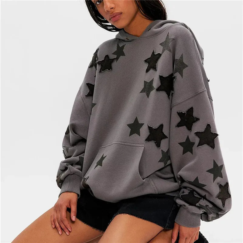 hirigin American Casual Oversized Star Patch Hoodie Women Vintage Loose Drop Shoulder Kangaroo Pocket Everyday Street Sweatshirt