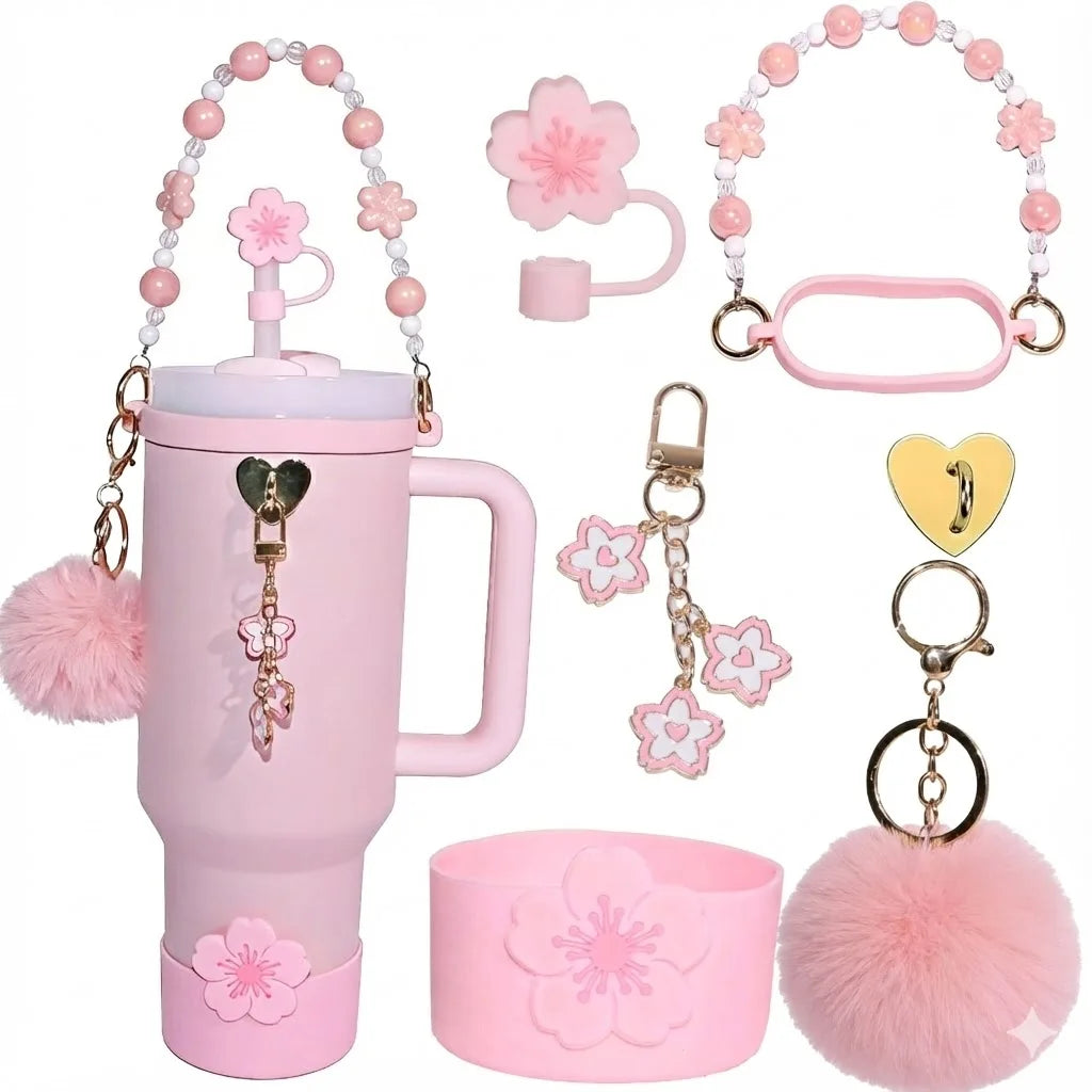 7pcs Sakura Pink Accessories Set for Stanley 30oz 40oz Tumbler Coquette Aesthetic Charm Handle Chain Spring Gift for Women Girls