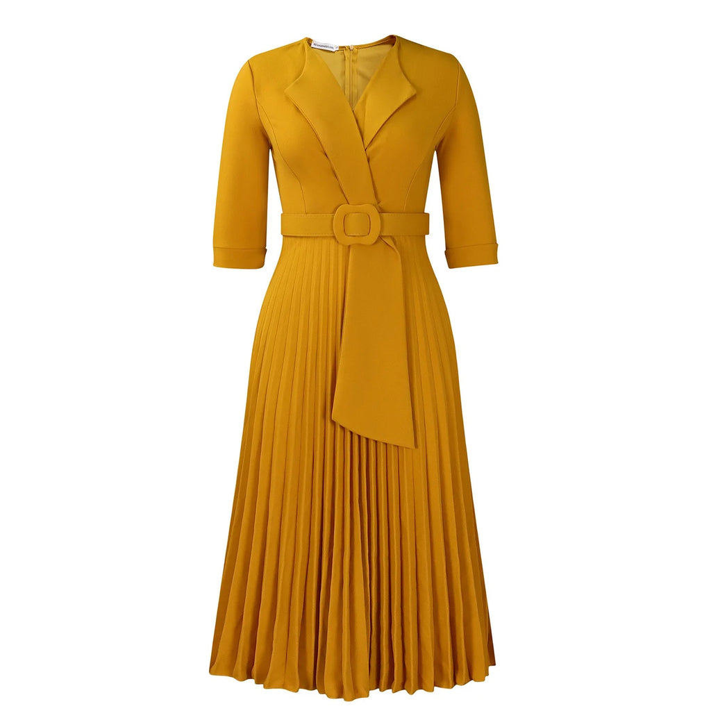 Elegant Office Ladies Dresses 2024 Autumn Fall Notched Collar Half Sleeve Belt Waisted Mid Calf Female Birthday Party Dress Midi