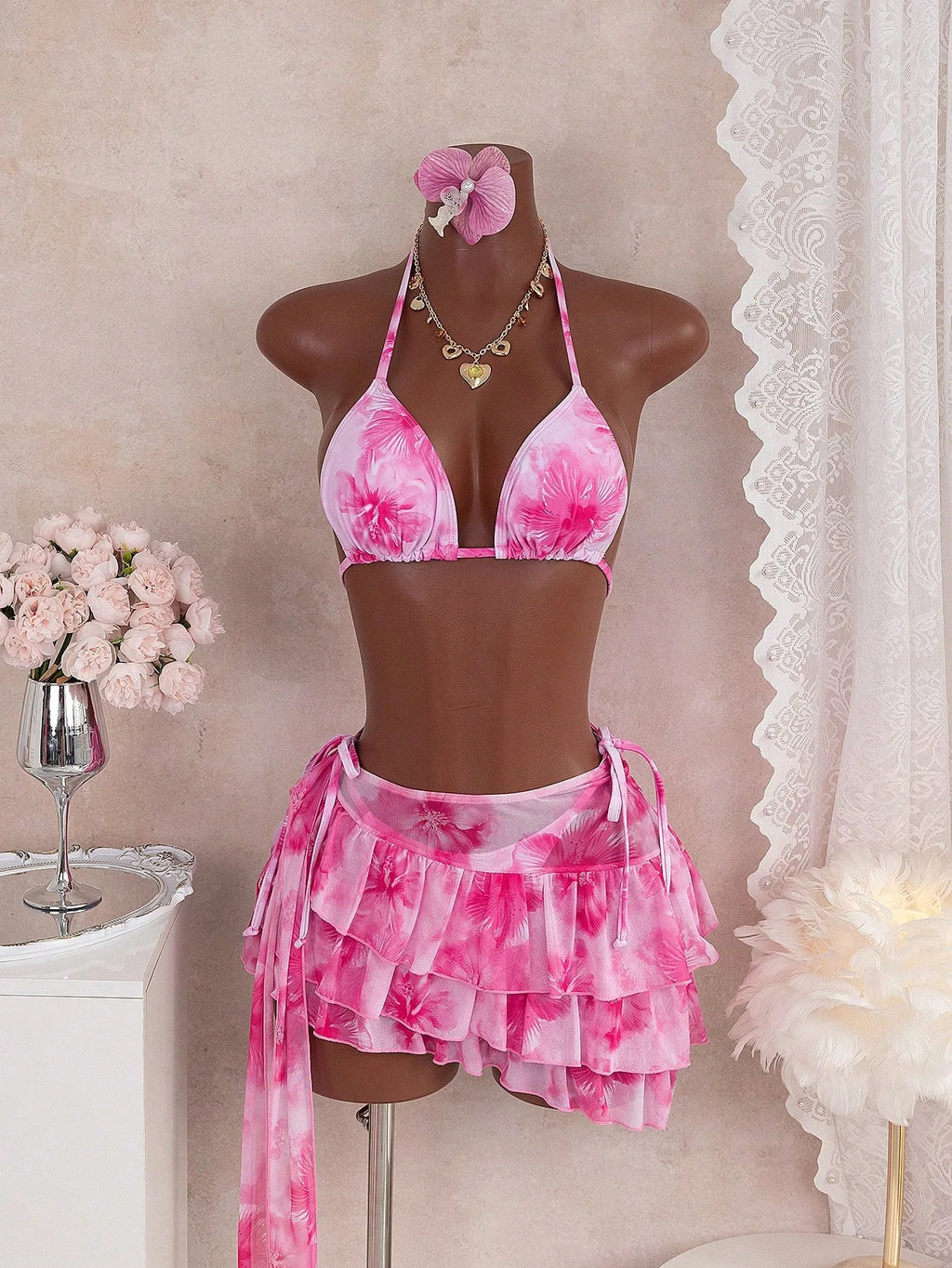 New Color-blocking Slim-fit Sexy Casual Hot Vacation Swimsuit With Straps, Three-piece Bikini Set