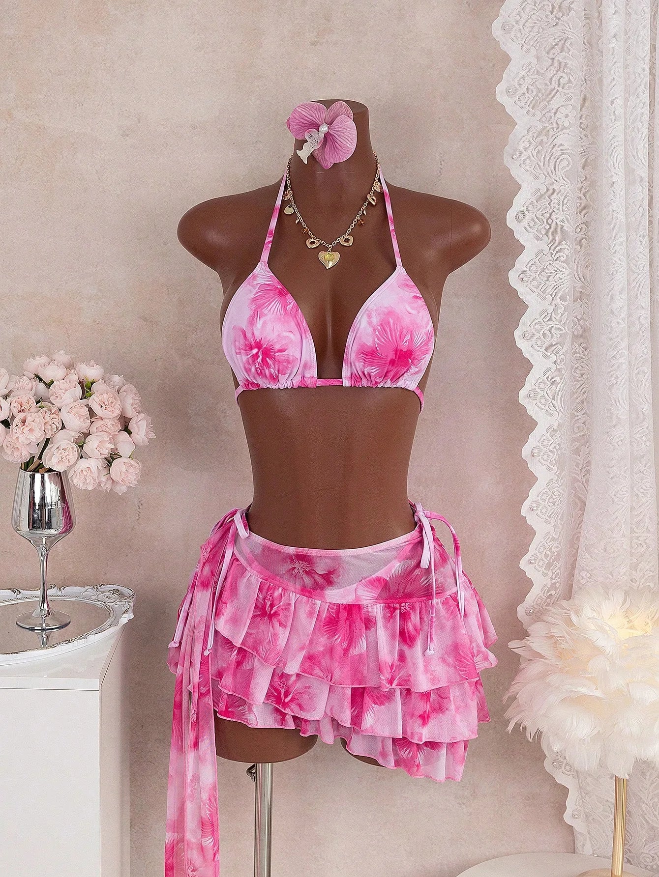 New Color-blocking Slim-fit Sexy Casual Hot Vacation Swimsuit With Straps, Three-piece Bikini Set