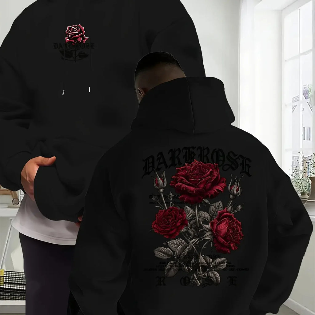 Men's Oversized Hoodie Rose Graphic Print Sweatshirt Gothic Streetwear Vintage Pullover Hooded Top Casual Autumn Winter