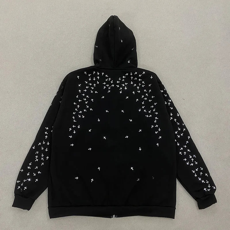 Autumn Winter American Hip Hop Vintage Long Sleeved Hoodie Dark Gothic Cross Applique Decorated Zipper Cardigan High Street Coat