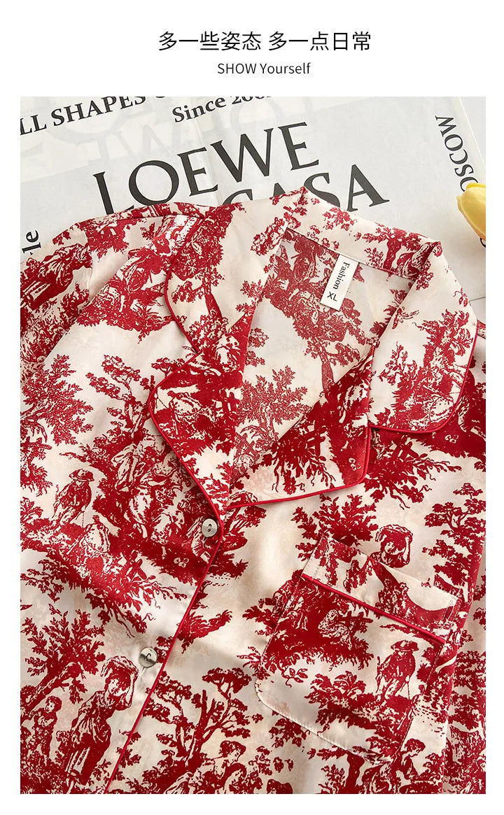 Fashion Print Flower 2PCS Pajamas Set Women Sleepwear Spring Summer Trouser Suits Lounge Wear Loose Satin Homewear Pijamas Suit
