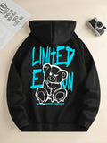 Men's Street Fashion Fall/winter Cartoon Lettered Bear Print Hooded Fleece Pullover Versatile All Occasions Sporty Casual Loose