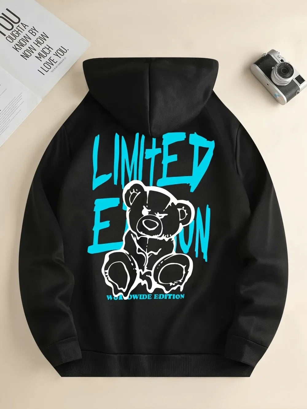 Men's Street Fashion Fall/winter Cartoon Lettered Bear Print Hooded Fleece Pullover Versatile All Occasions Sporty Casual Loose