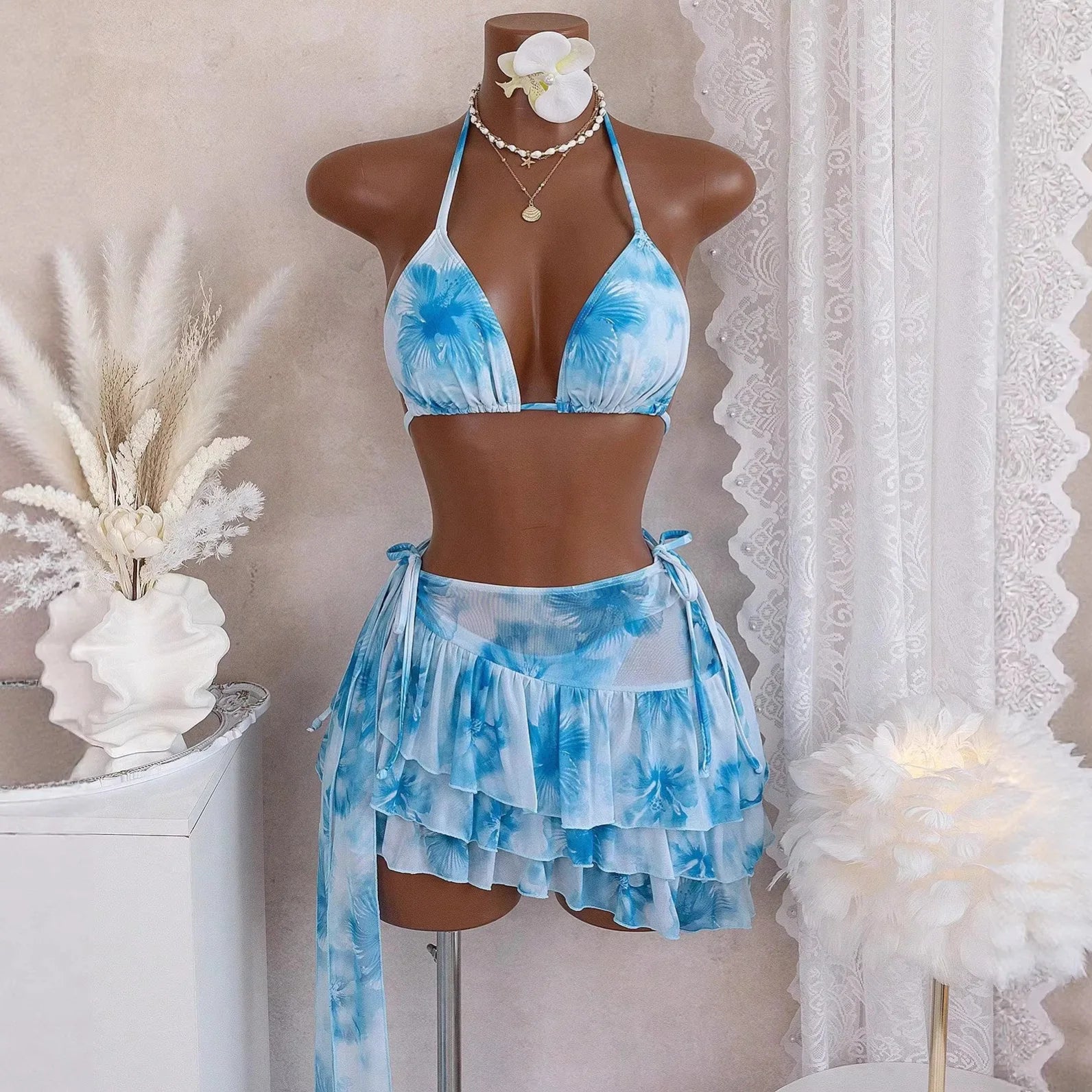 New Color-blocking Slim-fit Sexy Casual Hot Vacation Swimsuit With Straps, Three-piece Bikini Set