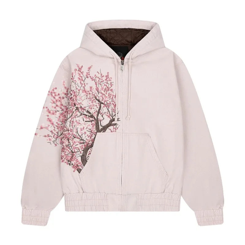 Y2K Two Piece Harajuku Vintage Cherry Blossom Selvedge Embroidery oversized Hoodie Goth men women wide leg pants streetwear Set
